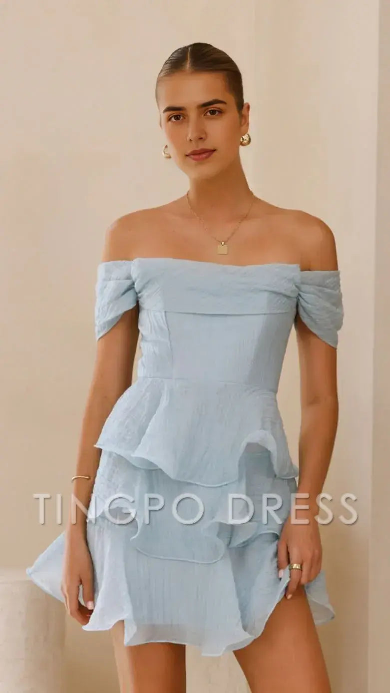 TingPo Wholesale Elegant Dreamy Light Blue Off - Shoulder Ruffled Mini Dress